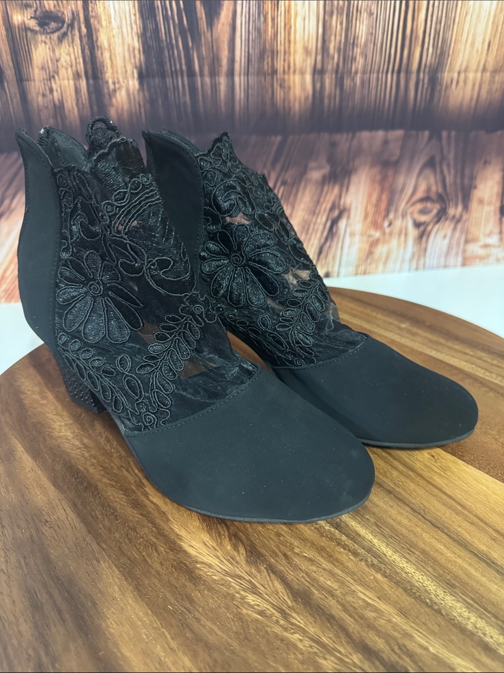 Black Floral Lace Ankle Booties - Women